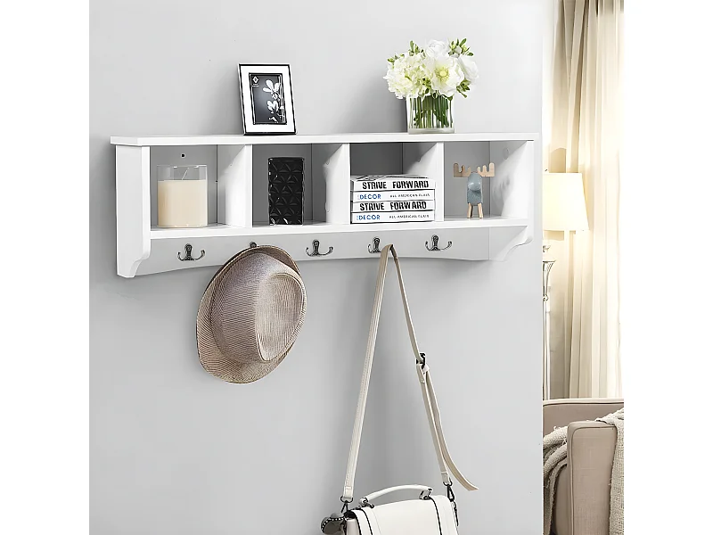 Porte-manteau mural avec 4 compartiments et 5 crochets doubles 72 x 15,5 x 23 cm