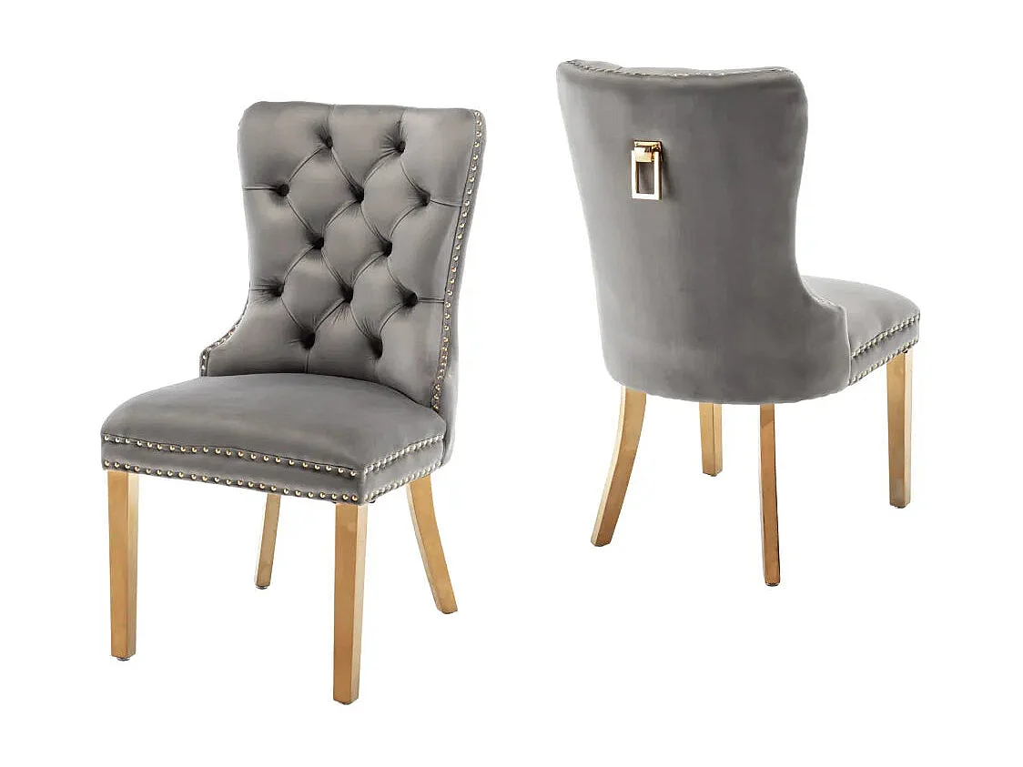 Lot 2 Chaises Salle à Manger Poignée Rectangulaire Cloutées Velours Anthracite Pieds Gold 54x51x102cm