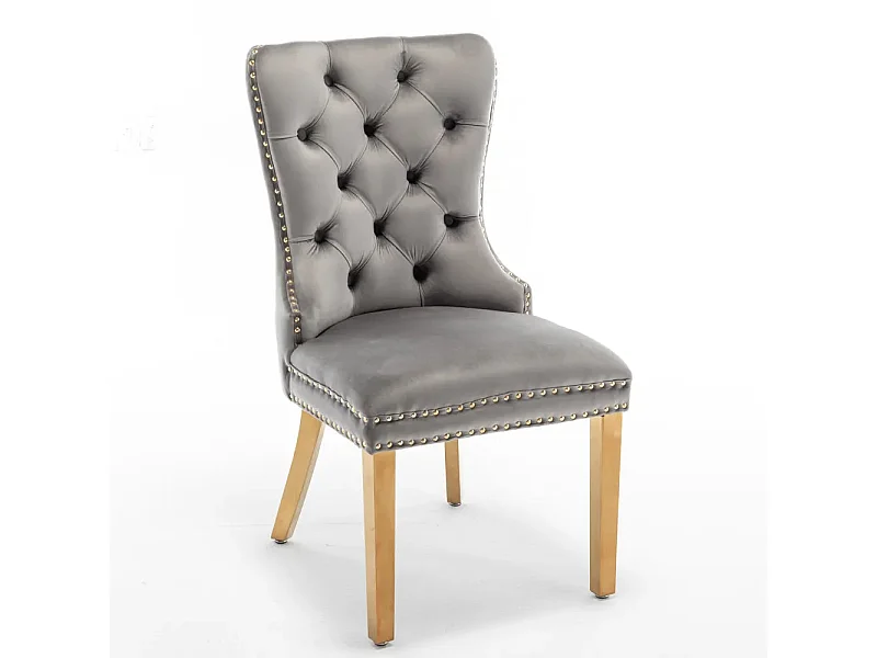 Lot 2 Chaises Salle à Manger Poignée Rectangulaire Cloutées Velours Anthracite Pieds Gold 54x51x102cm