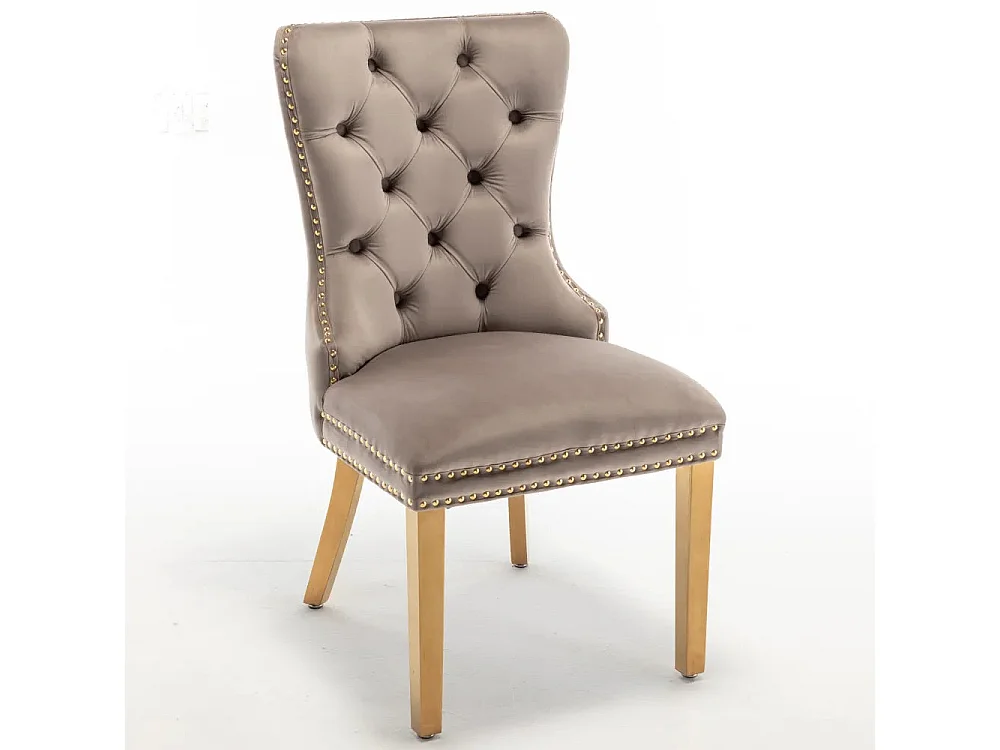 Lot 2 Chaises Salle à Manger Poignée Rectangulaire Cloutées Velours Moka Pieds Gold 54x51x102cm