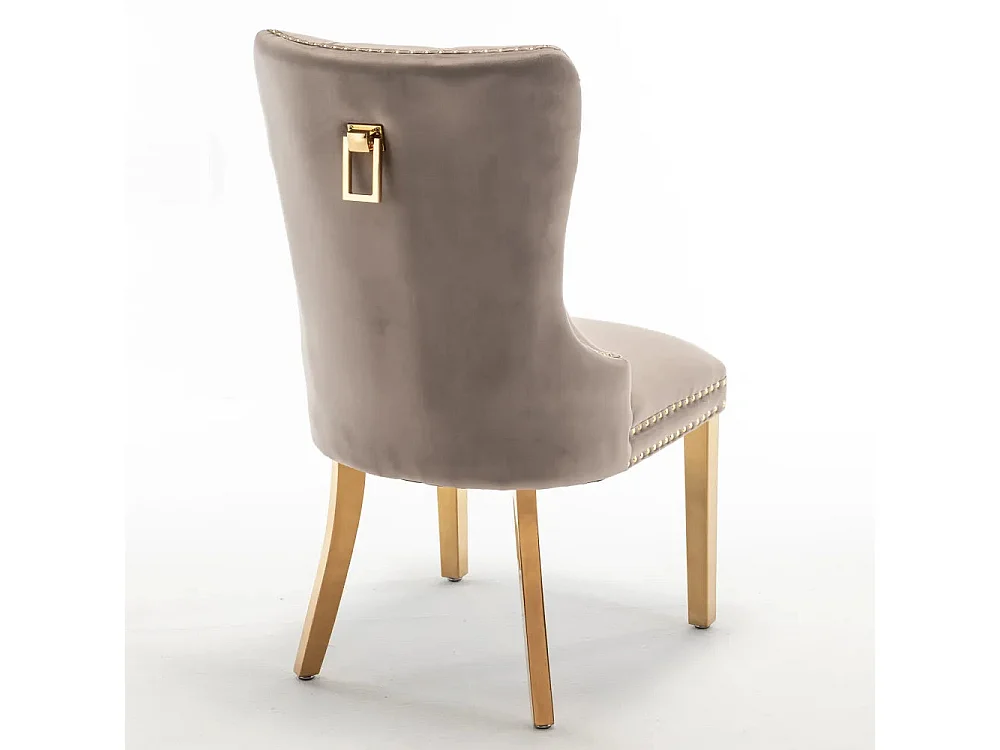 Lot 2 Chaises Salle à Manger Poignée Rectangulaire Cloutées Velours Moka Pieds Gold 54x51x102cm
