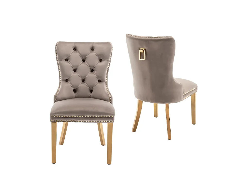 Lot 2 Chaises Salle à Manger Velours Moka Cloutées Pieds Gold POIGNÉE