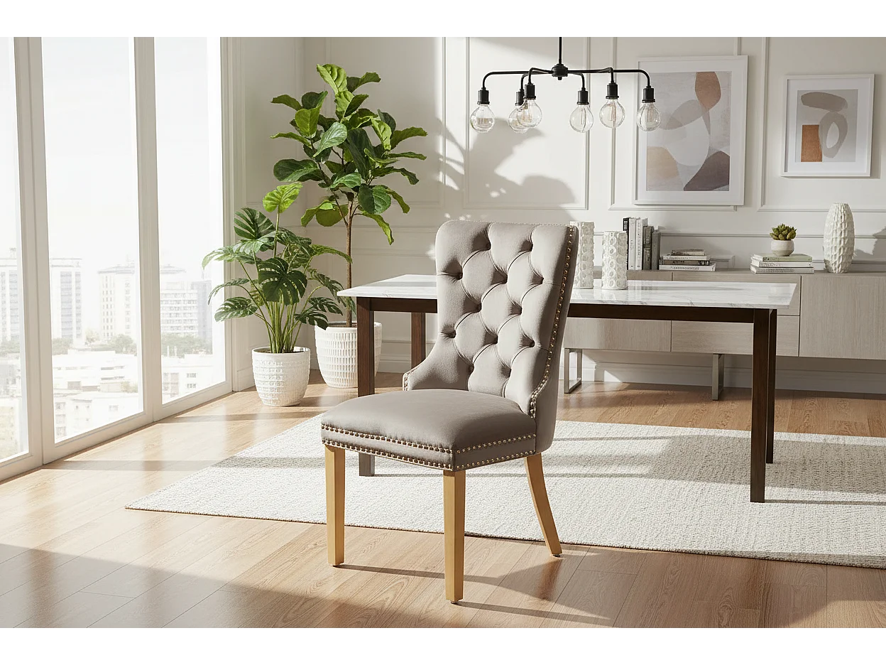 Lot 2 Chaises Salle à Manger Poignée Rectangulaire Cloutées Velours Moka Pieds Gold 54x51x102cm