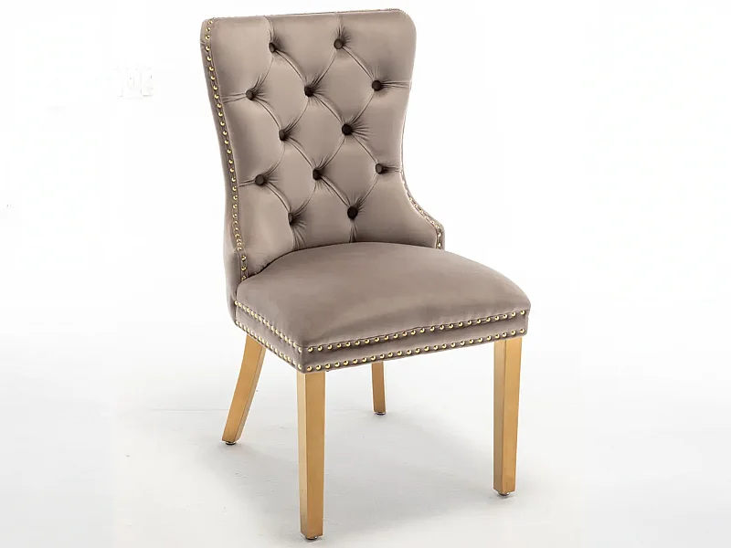 Lot 2 Chaises Salle à Manger Poignée Rectangulaire Cloutées Velours Moka Pieds Gold 54x51x102cm
