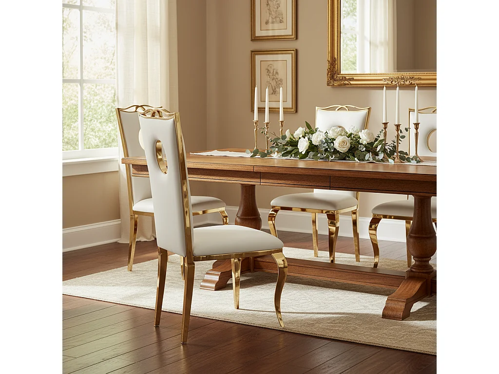 Lot de 4 Chaises Baroque ROYAL Gold Simili Blanc