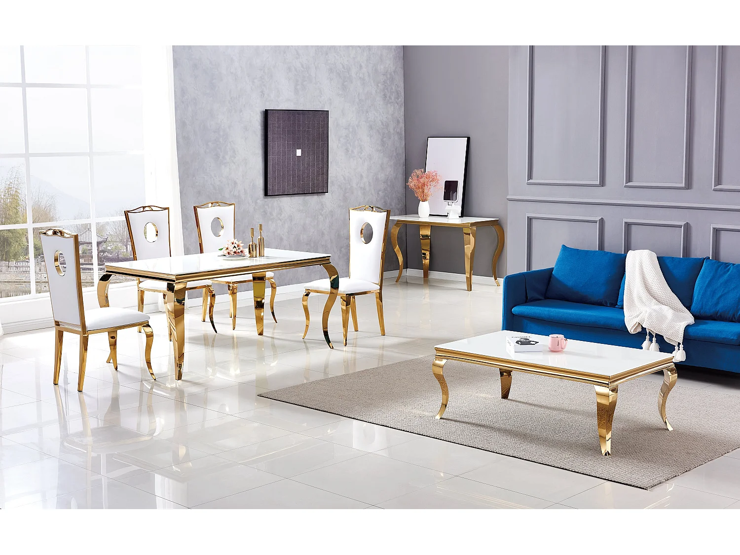 Lot de 4 Chaises Baroque ROYAL Gold Simili Blanc