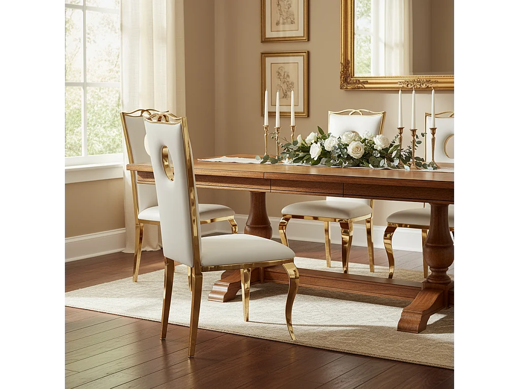 Lot de 4 Chaises Baroque ROYAL Gold Simili Blanc