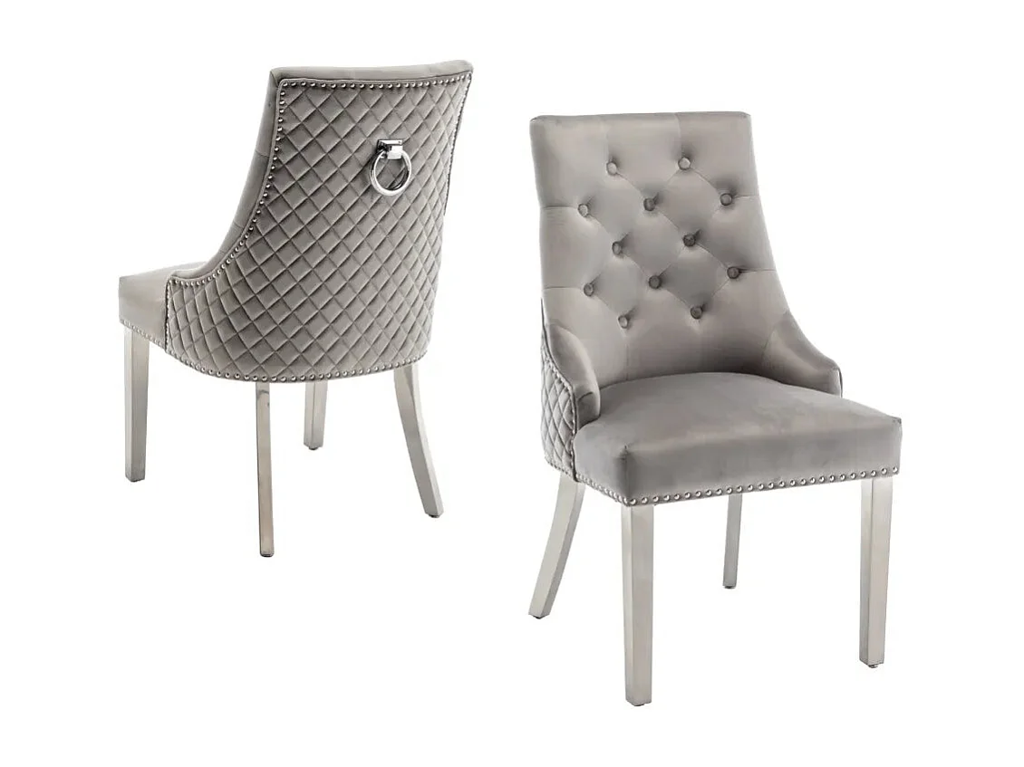 Lot de 2 chaises ANNEAU matelassée et cloutée Chrome velours - Gris