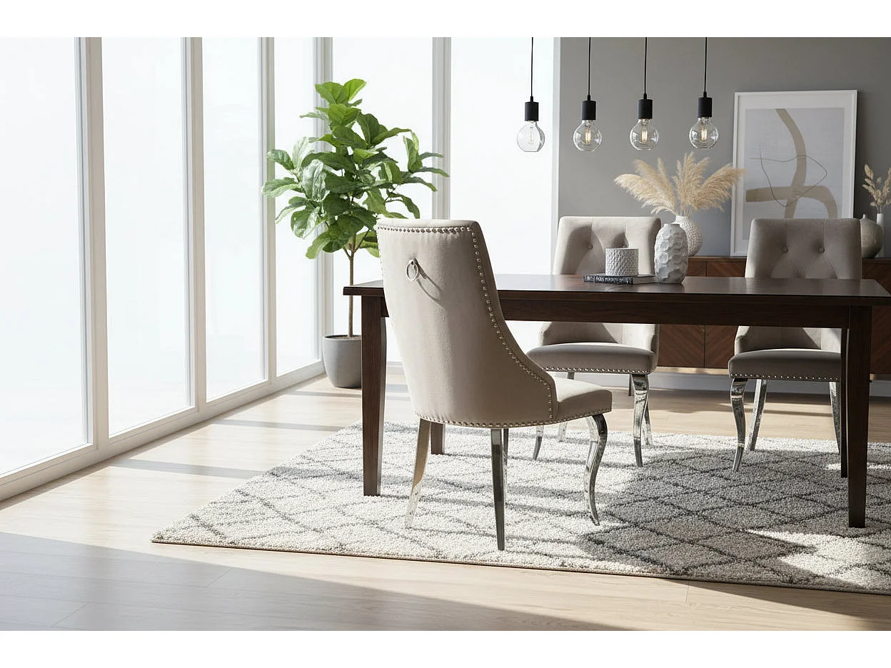 Lot 4 Chaises Salle à Manger Anneau Capitonnées Cloutées Velours Moka Pieds Chrome 53x53x101cm