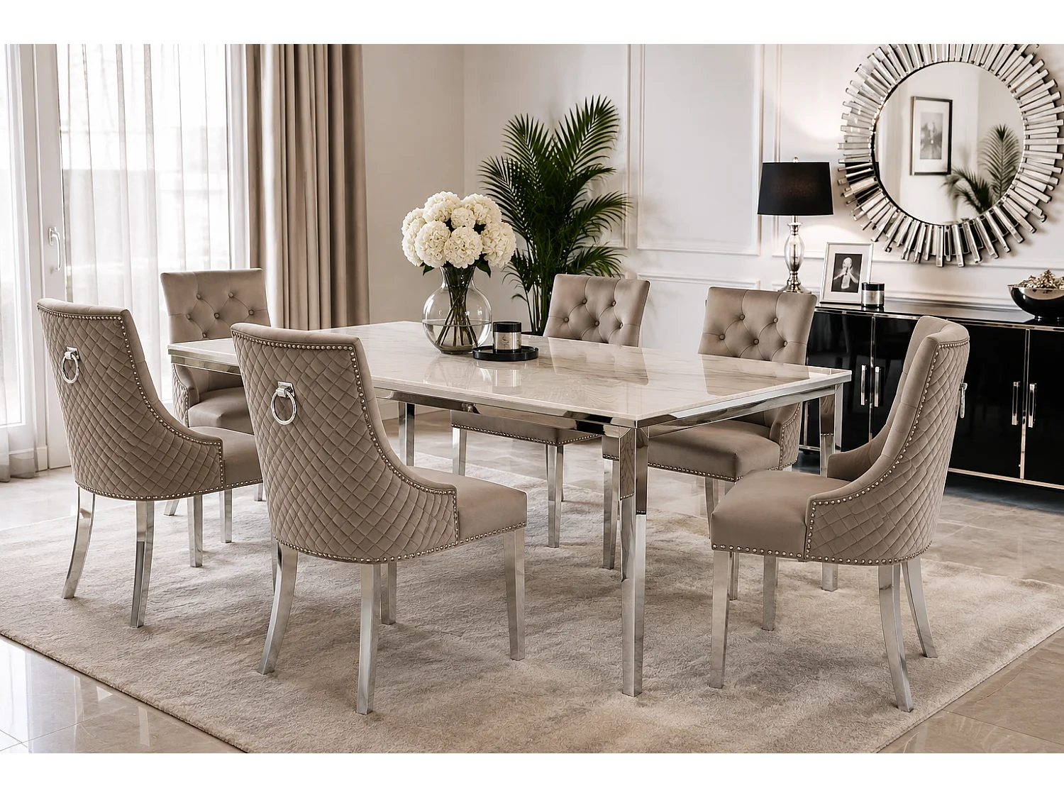 Lot de 2 chaises ANNEAU matelassée et cloutée Chrome velours - Moka