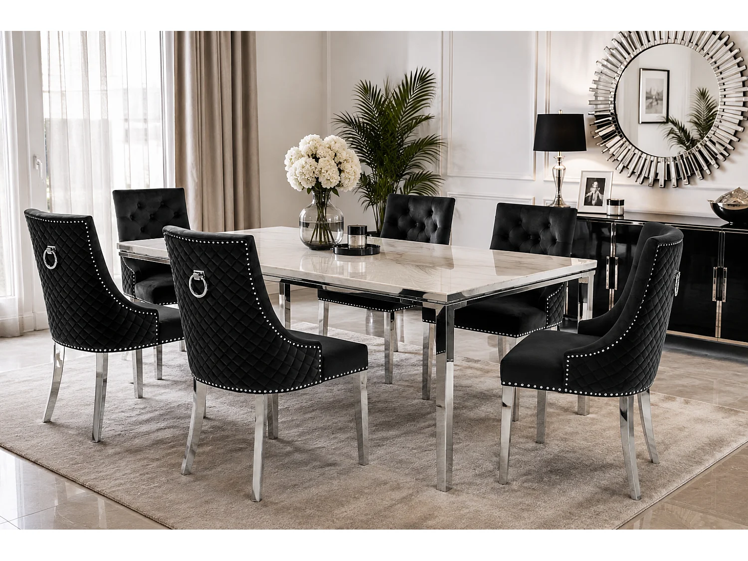 Lot de 2 chaises ANNEAU matelassée et cloutée Chrome velours - Noir
