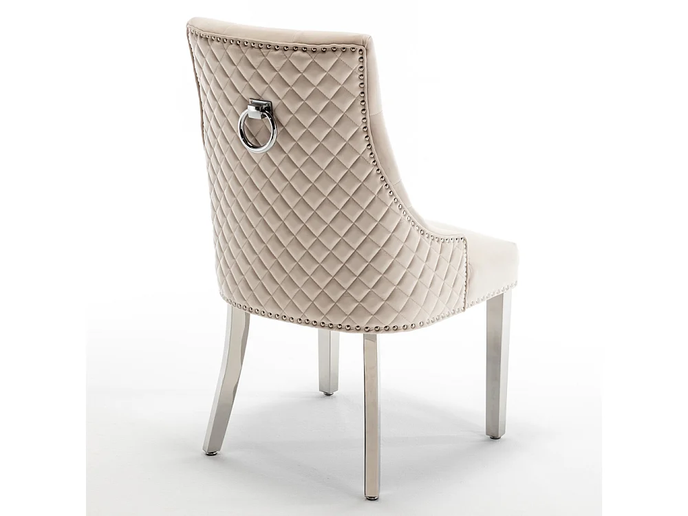 Lot de 2 chaises ANNEAU matelassée et cloutée Chrome velours - Beige