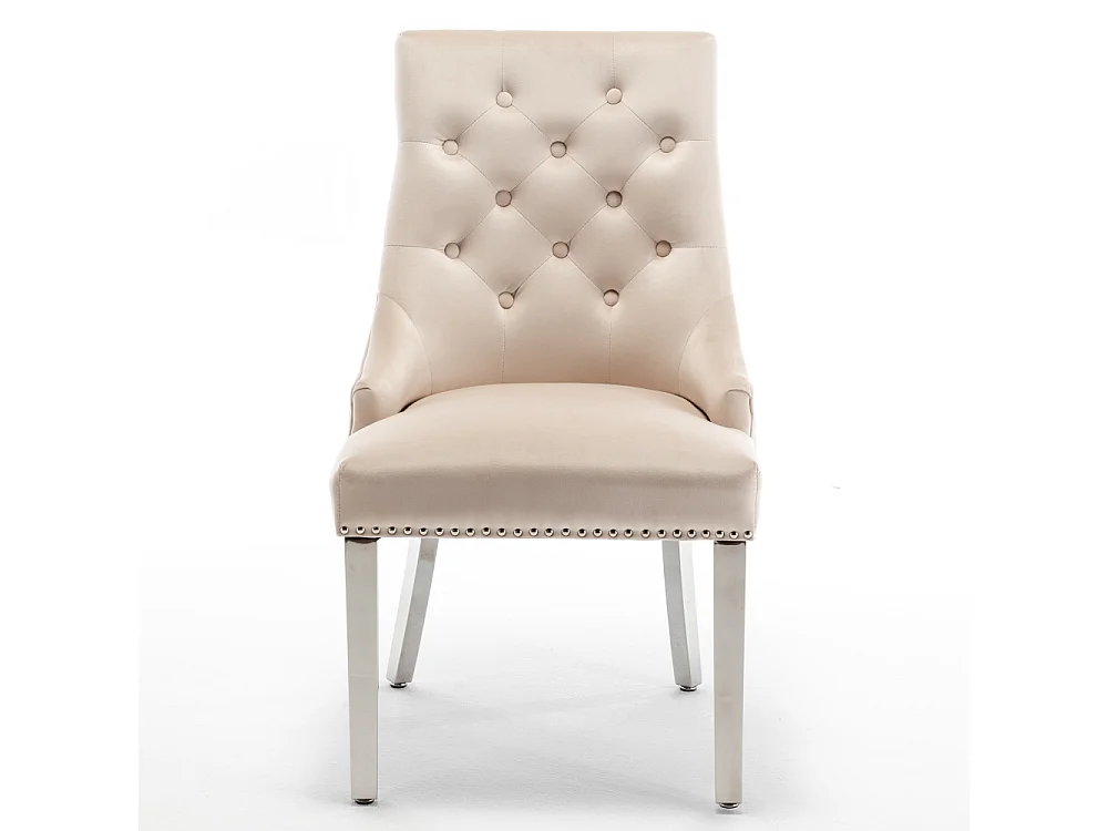 Lot de 2 chaises ANNEAU matelassée et cloutée Chrome velours - Beige