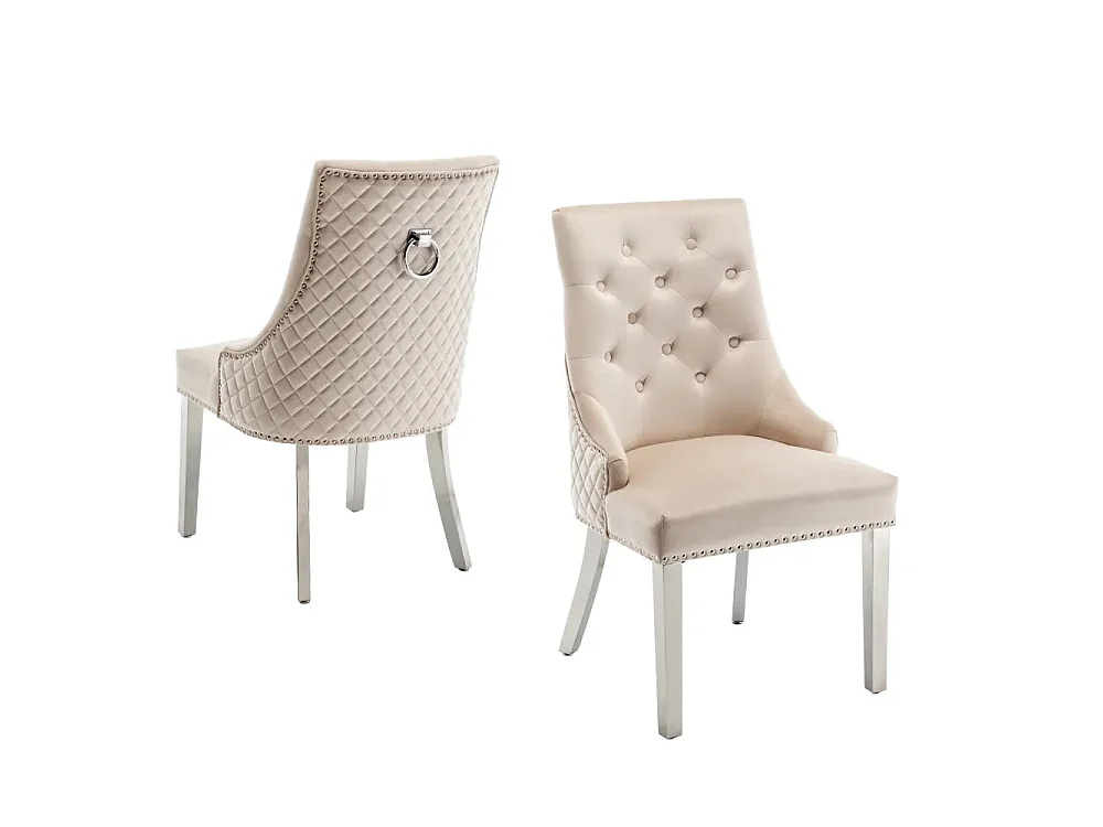 Lot de 2 chaises ANNEAU matelassée et cloutée Chrome velours - Beige