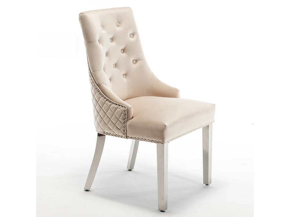 Lot de 2 chaises ANNEAU matelassée et cloutée Chrome velours - Beige