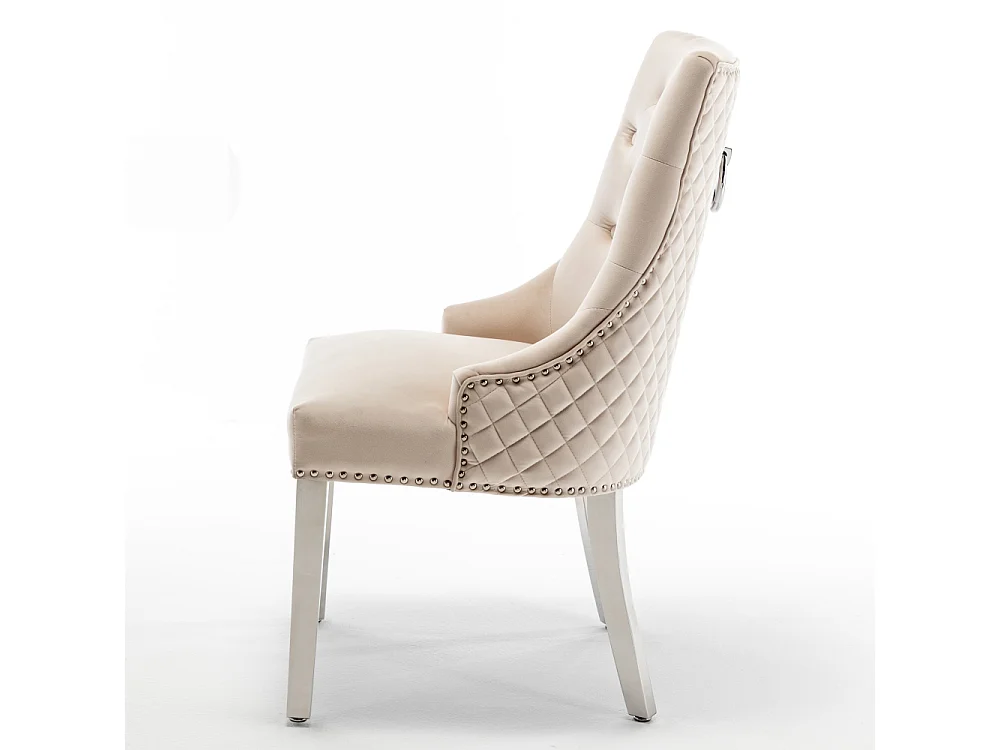 Lot de 2 chaises ANNEAU matelassée et cloutée Chrome velours - Beige