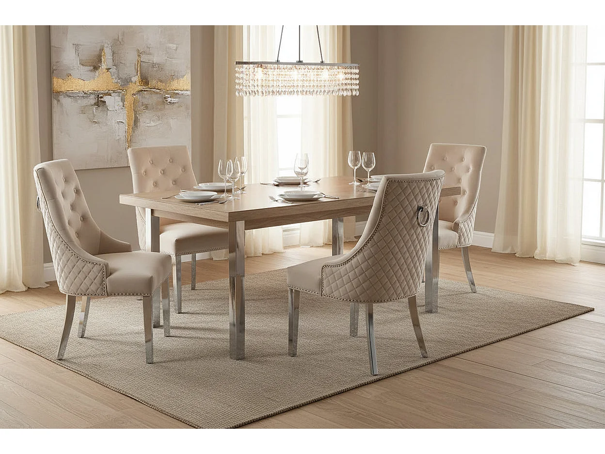 Lot de 2 chaises ANNEAU matelassée et cloutée Chrome velours - Beige