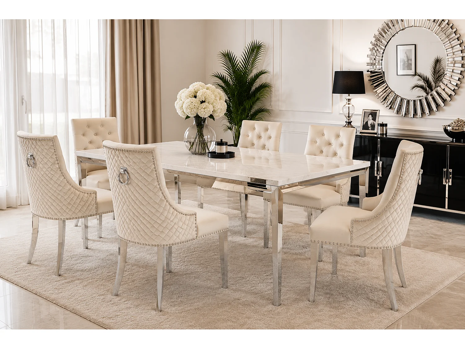 Lot de 2 chaises ANNEAU matelassée et cloutée Chrome velours - Beige