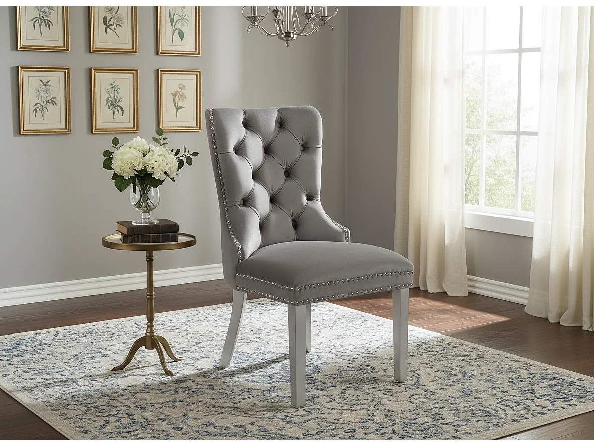 Lot de 2 chaises POIGNEE Clouté en velours pied chromé - Gris