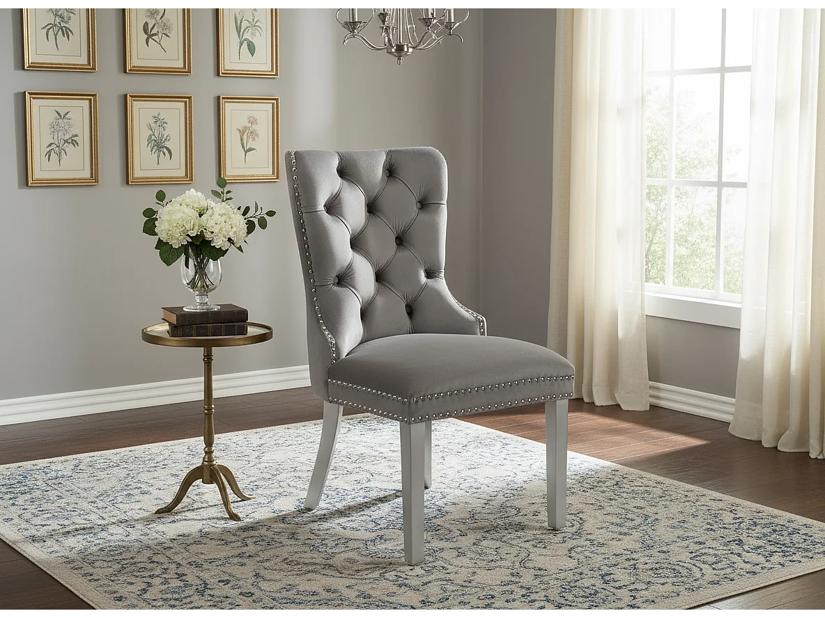 Lot de 2 chaises POIGNEE Clouté en velours pied chromé - Gris