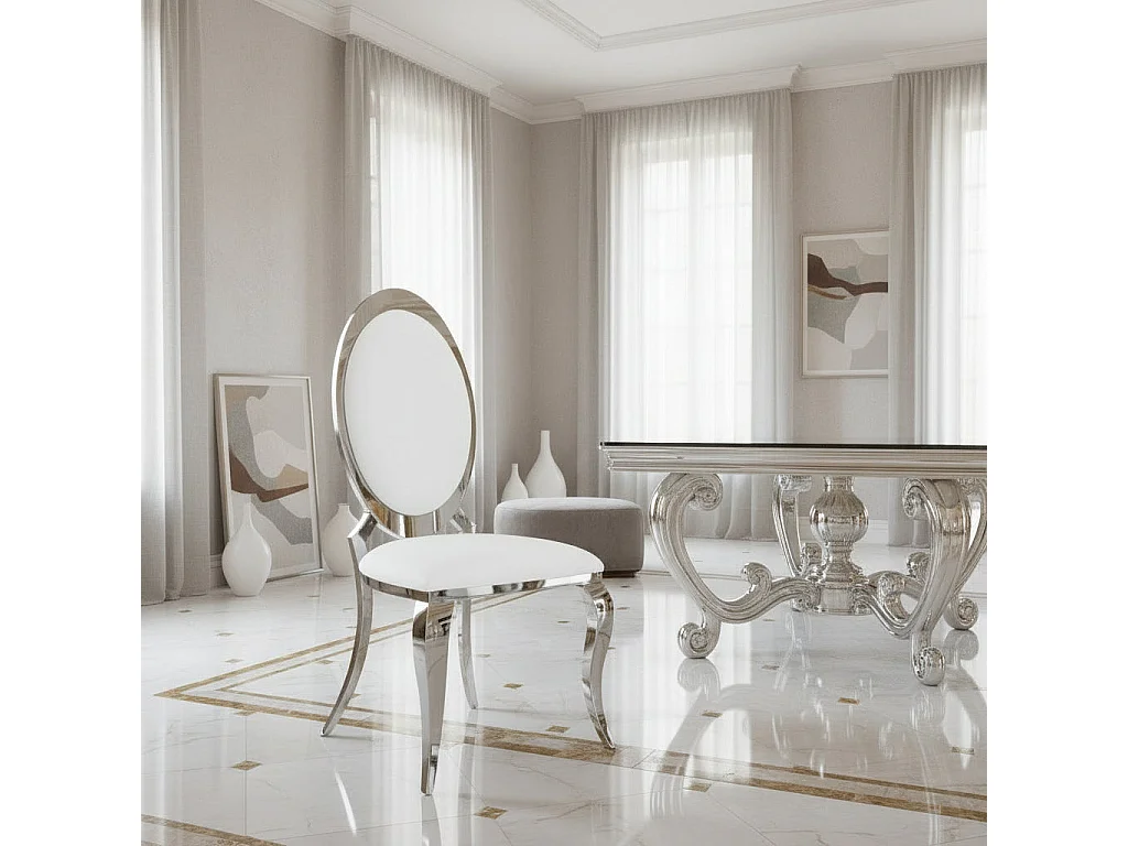 Lot de 4 chaises ANGEL baroque Chrome simili cuir blanc