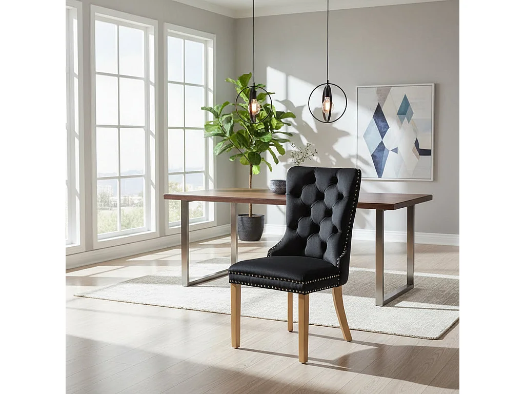 Lot 2 Chaises Salle à Manger Poignée Rectangulaire Cloutées Velours Noir Pieds Gold 54x51x102cm