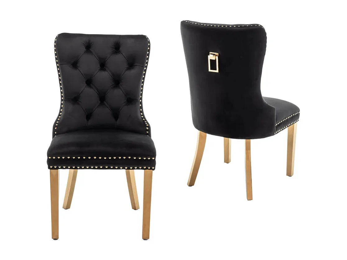 Lot 2 Chaises Salle à Manger Poignée Rectangulaire Cloutées Velours Noir Pieds Gold 54x51x102cm