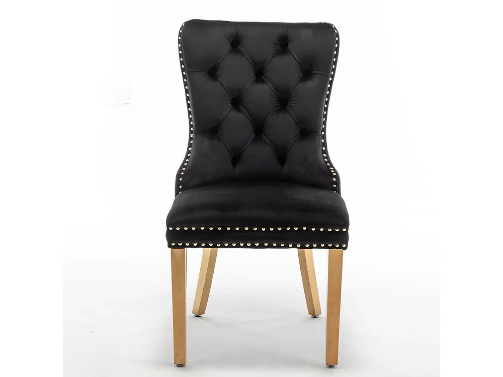 Lot 2 Chaises Salle à Manger Velours Noir Cloutées Pieds Gold POIGNÉE
