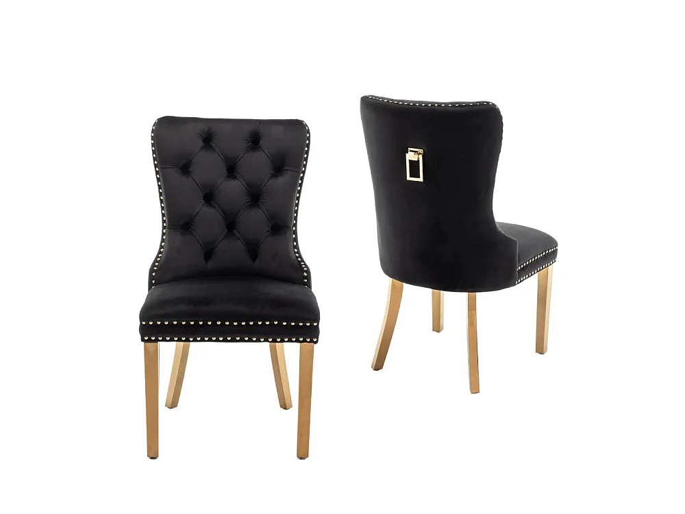 Lot 2 Chaises Salle à Manger Velours Noir Cloutées Pieds Gold POIGNÉE