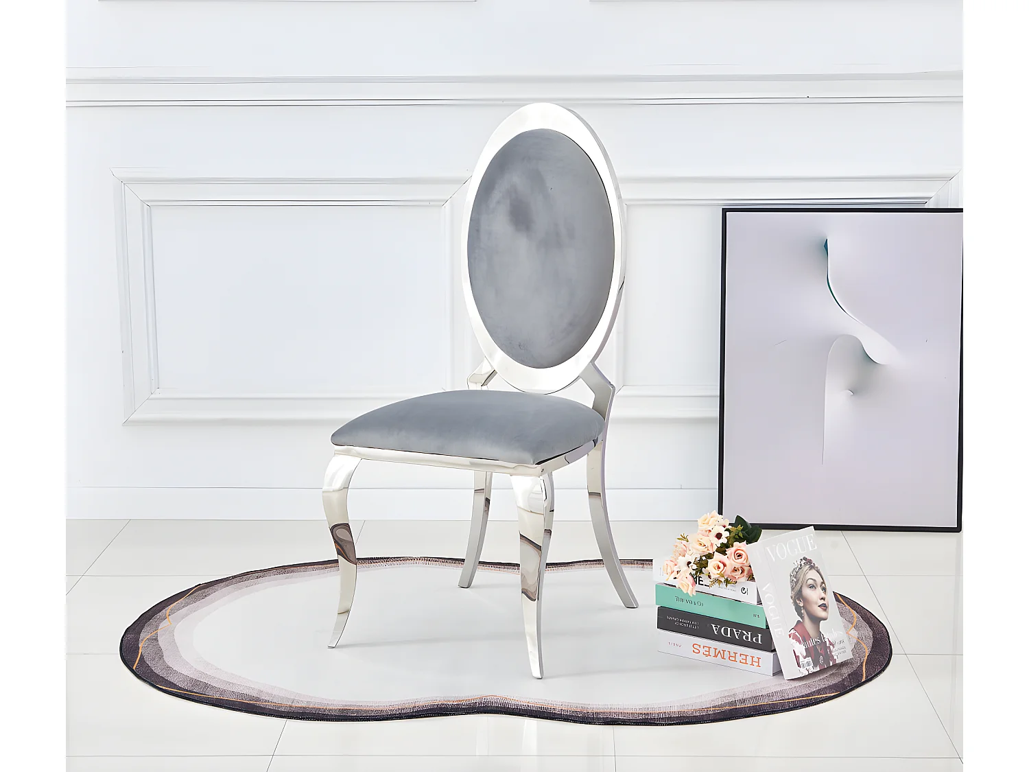 Lot de 4 chaises ANGEL baroque Chrome Velours Gris