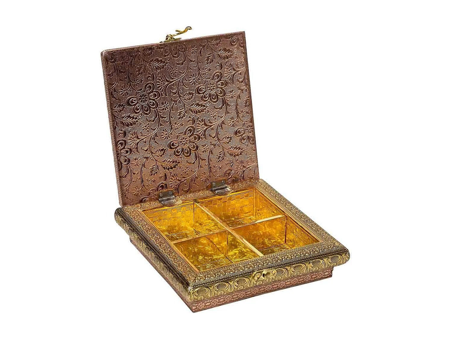 Boîte à bijoux en métal repoussé couleur cuivre 20x20x7h