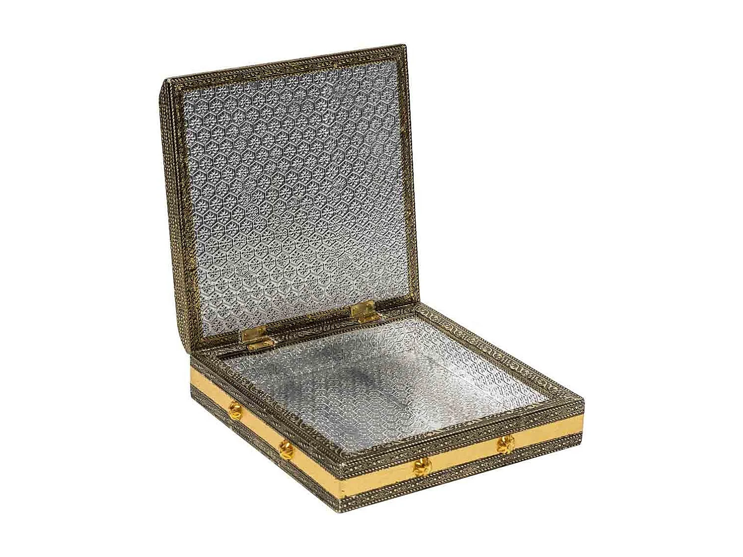 Boîte à bijoux en métal repoussé doré 20x20x5h