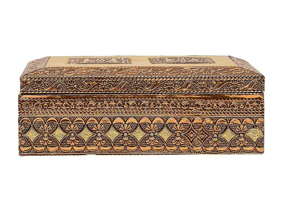 Boîte à bijoux en métal repoussé couleur cuivre 17,5x12,5x6h