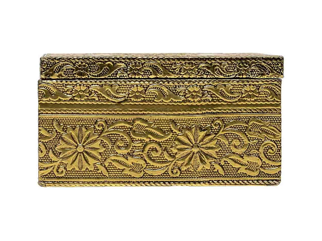 Boîte à bijoux en métal repoussé doré 12,5x12,5x7h