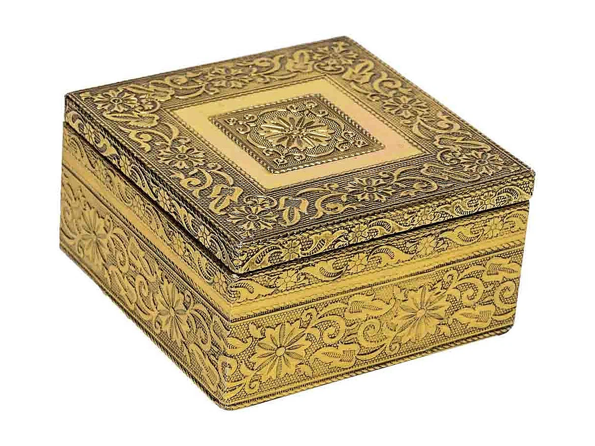 Caixa de joias de metal com relevo dourado 12,5x12,5x7