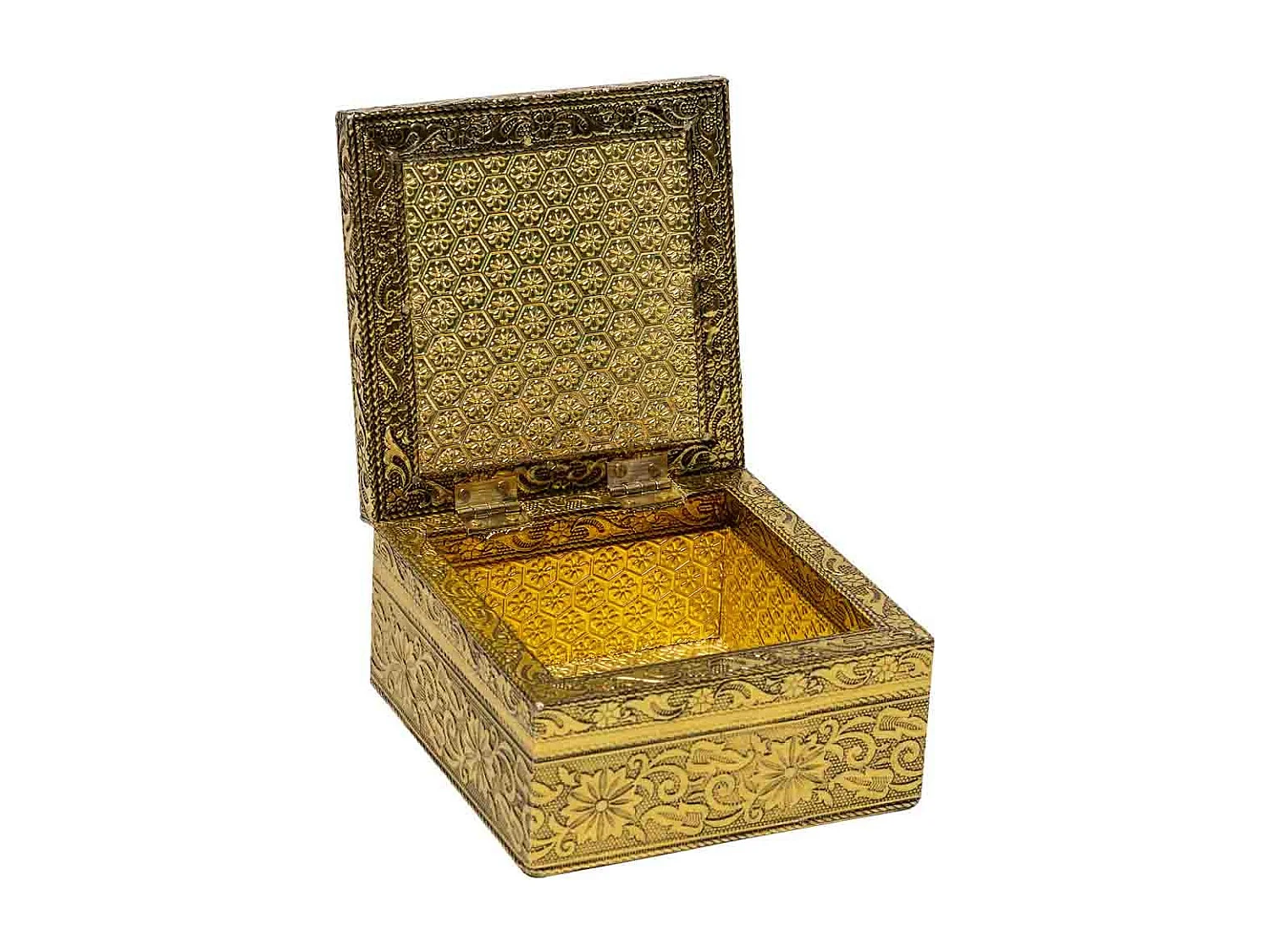 Caixa de joias de metal com relevo dourado 12,5x12,5x7