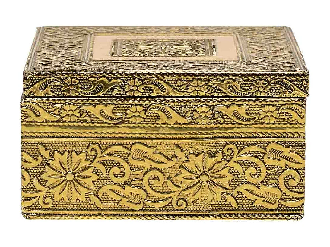 Caixa de joias de metal com relevo dourado 12,5x12,5x7