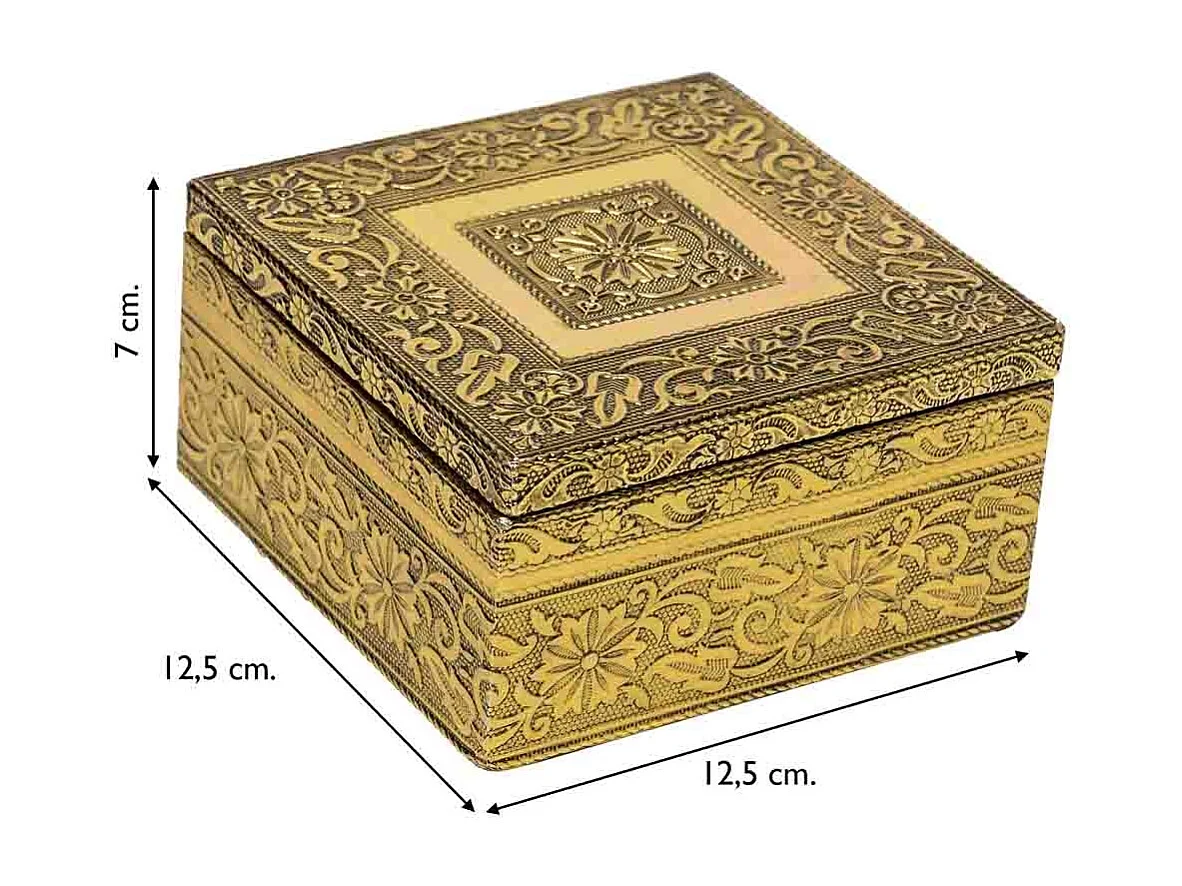 Caixa de joias de metal com relevo dourado 12,5x12,5x7