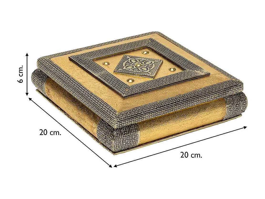Caixa de joias de metal com relevo dourado 20x20x6