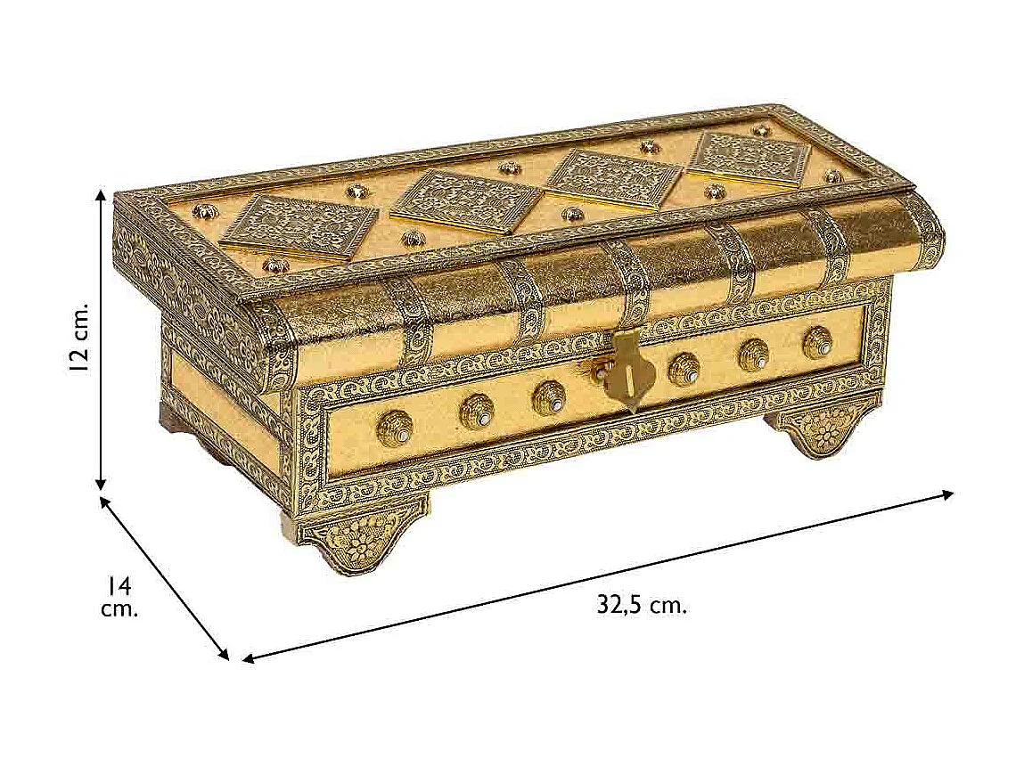 Joyero de metal repujado dorado 32,5x14x12