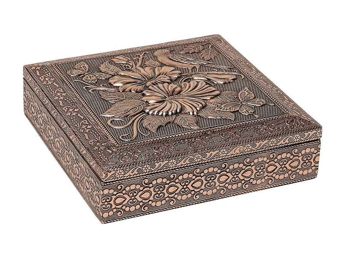 Kupferfarbene Schmuckschatulle aus geprÃ¤gtem Metall, 20x20x6h cm