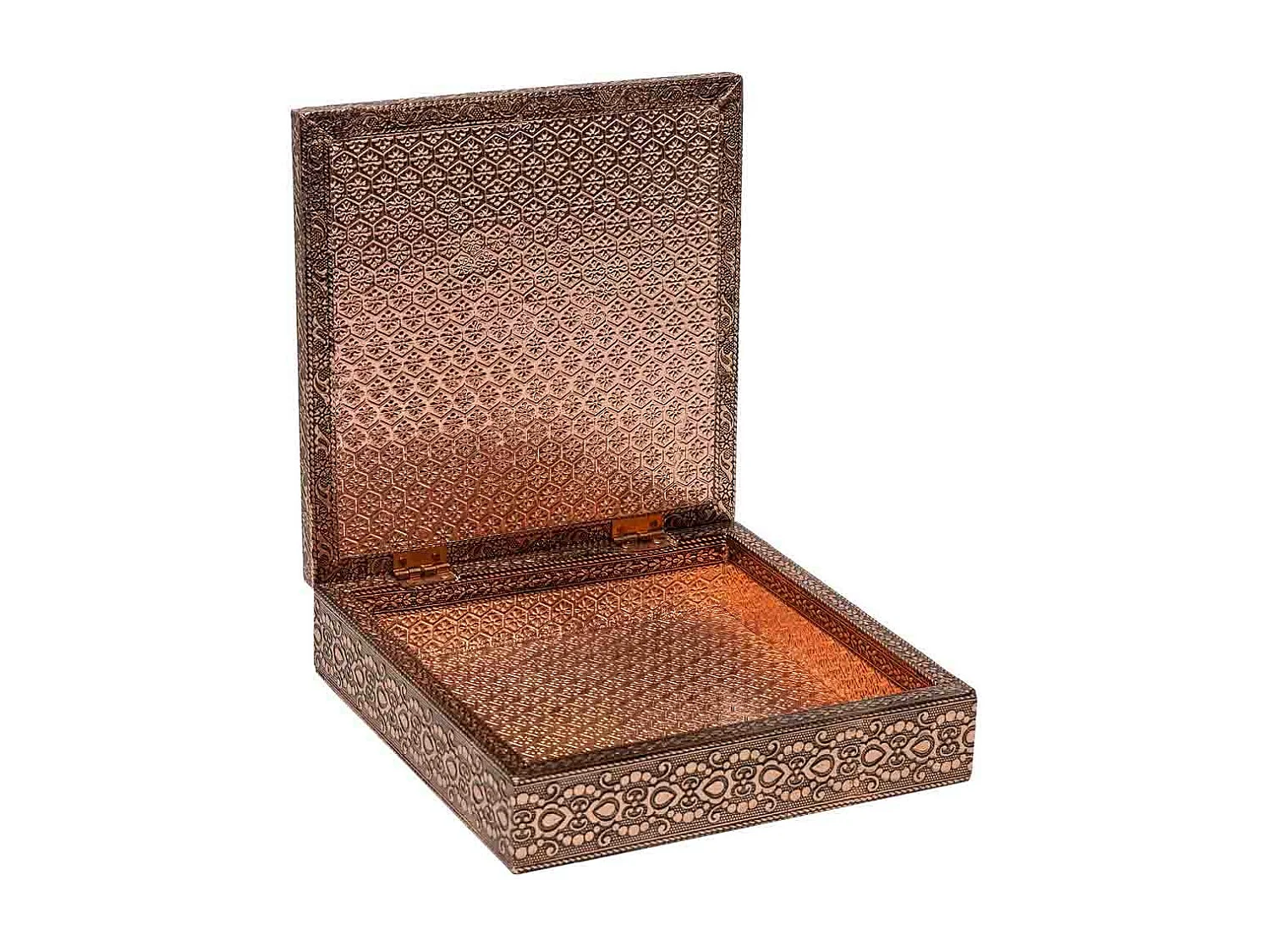 Kupferfarbene Schmuckschatulle aus geprÃ¤gtem Metall, 20x20x6h cm
