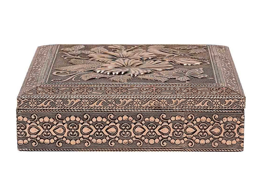 Kupferfarbene Schmuckschatulle aus geprÃ¤gtem Metall, 20x20x6h cm