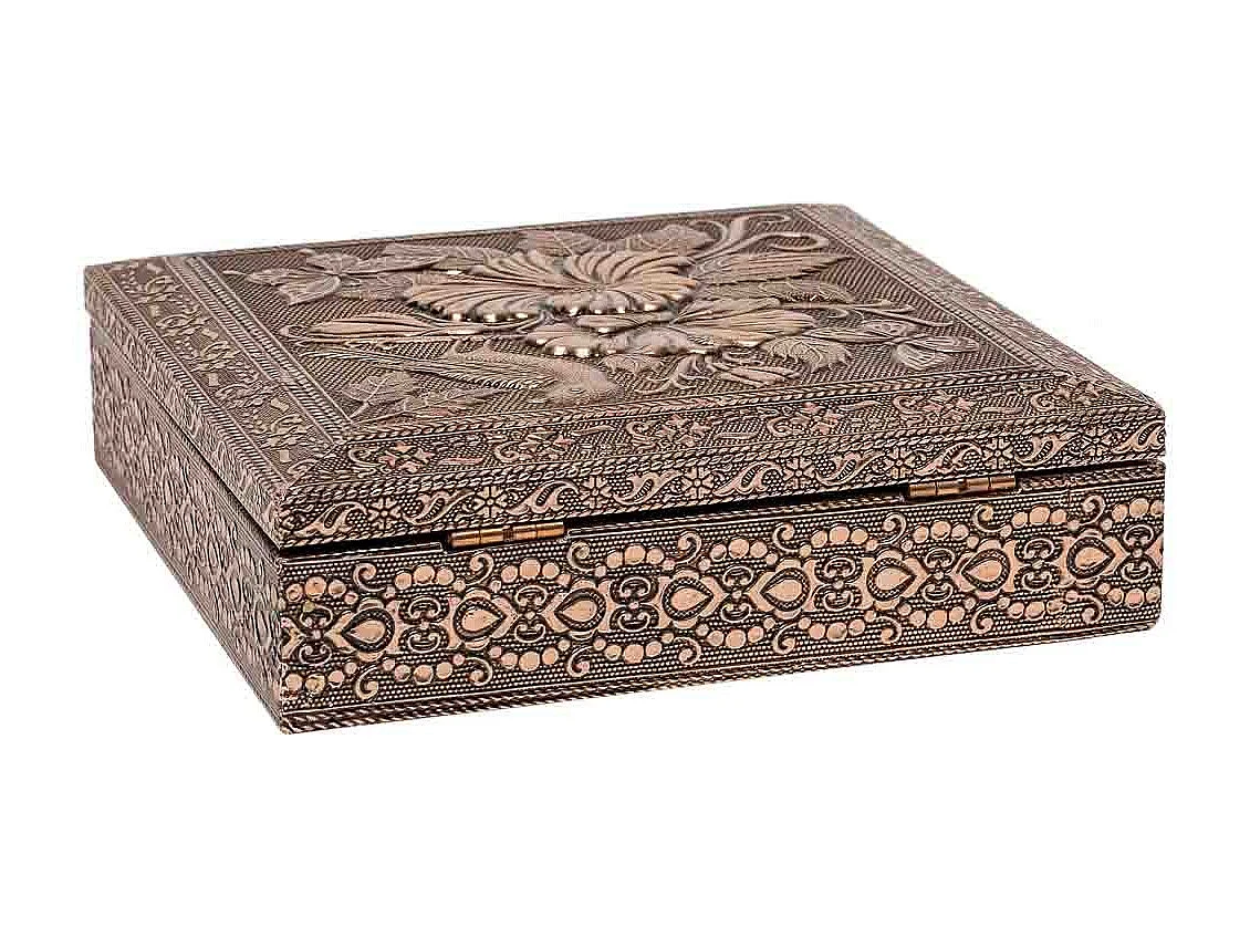Kupferfarbene Schmuckschatulle aus geprÃ¤gtem Metall, 20x20x6h cm
