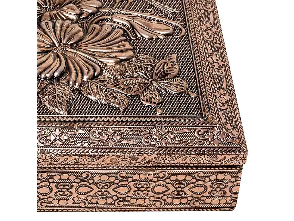 Kupferfarbene Schmuckschatulle aus geprÃ¤gtem Metall, 20x20x6h cm