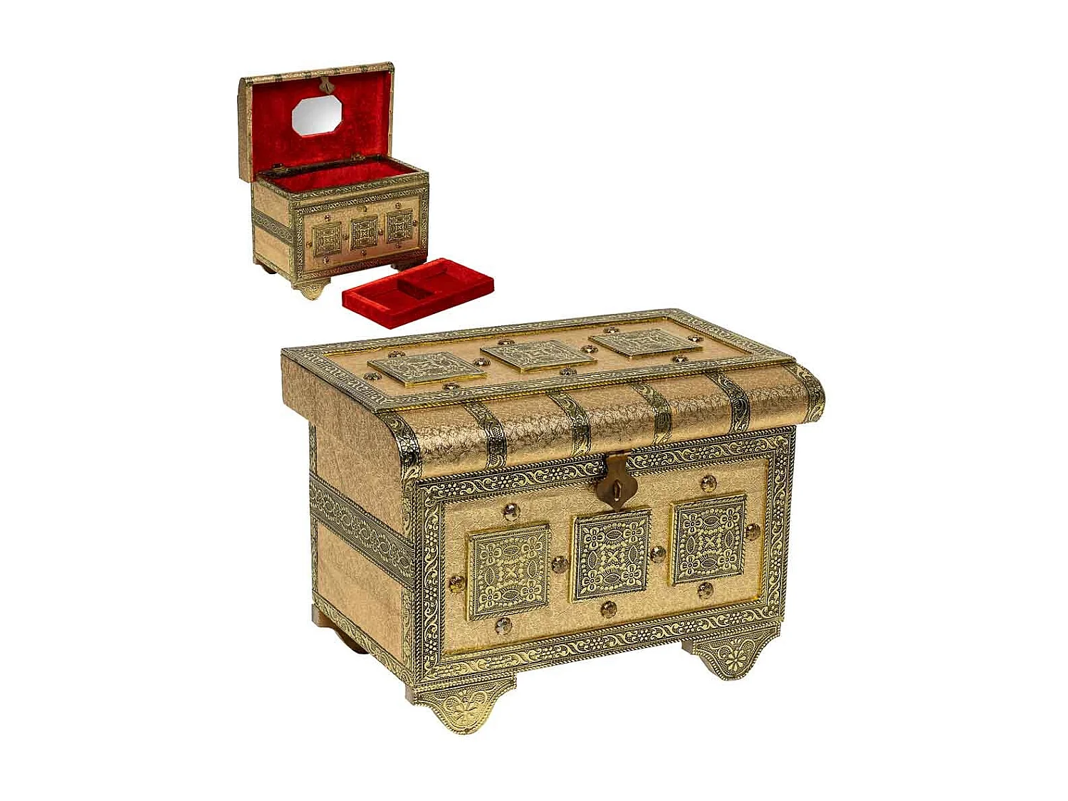 Joyero de metal repujado dorado 27,5x17x18,5