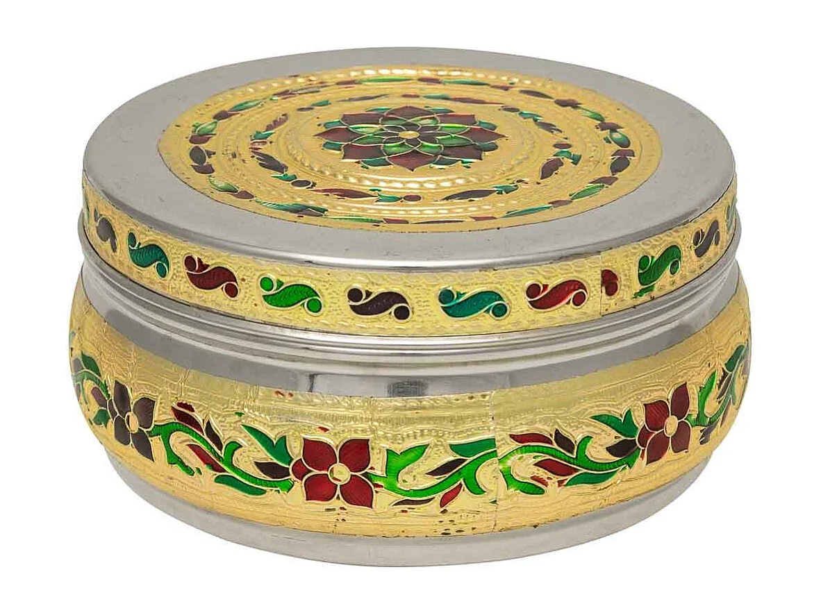 Caixa de joias de metal com relevo dourado 11,25x11,25x5