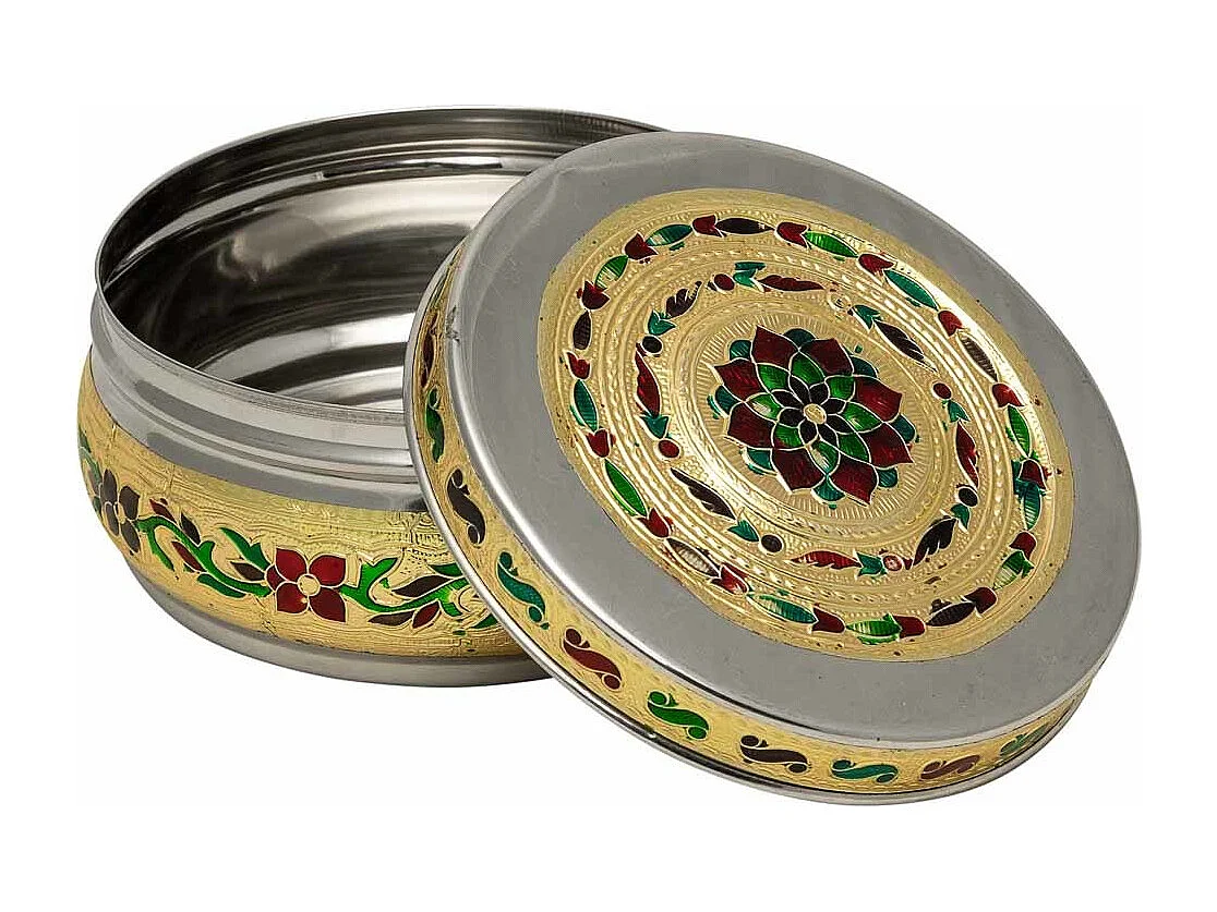 Caixa de joias de metal com relevo dourado 11,25x11,25x5