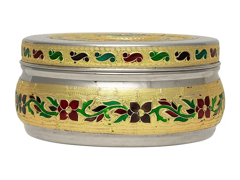 Caixa de joias de metal com relevo dourado 11,25x11,25x5