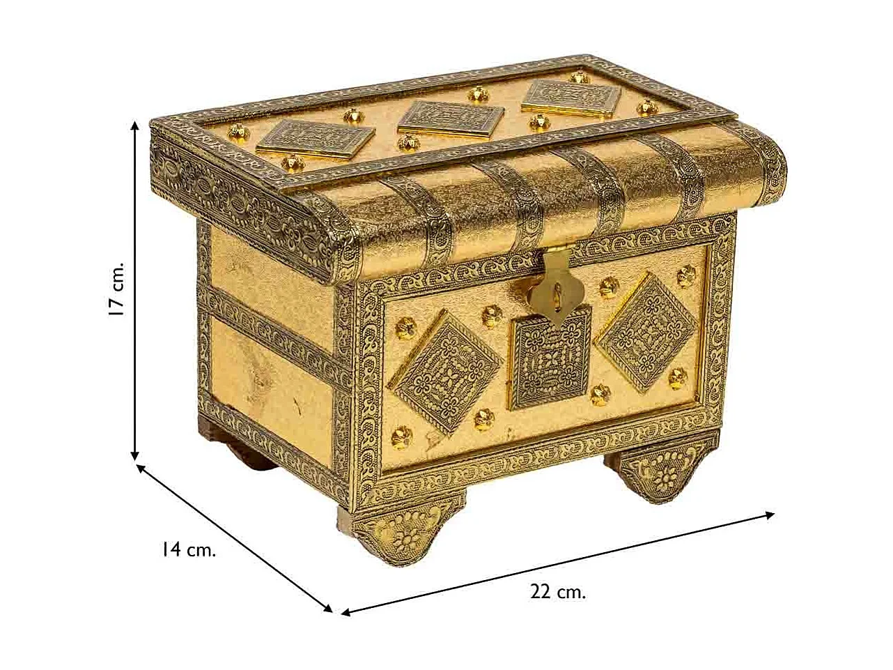 Caixa de joias de metal com relevo dourado 22x14x17